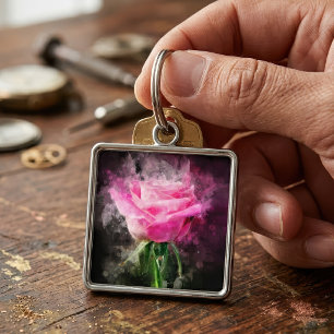 Roze Roos Waterverf op Zwarte Achtergrond Sleutelhanger