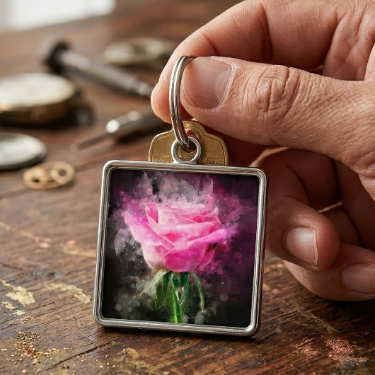 Roze Roos Waterverf op Zwarte Achtergrond Sleutelhanger