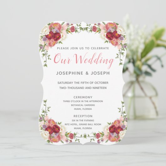 Roze & Roos Waterverf Pioenbloemen Onze bruiloft Kaart (Staand voorkant)