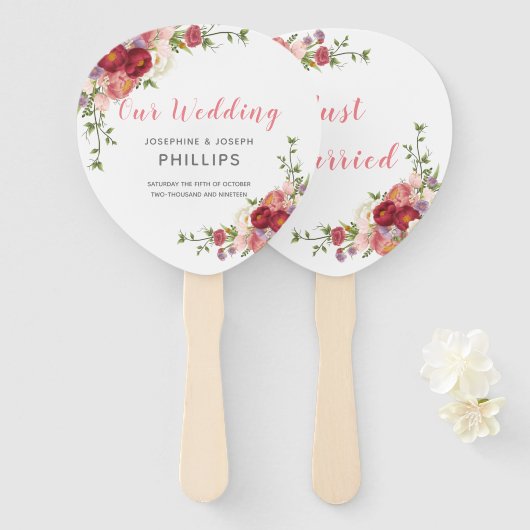 Roze & Roos Waterverf Pioenen Gewoon Getrouwd Handwaaier (Voorkant en achterkant)