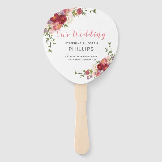 Roze & Roos Waterverf Pioenen Gewoon Getrouwd Handwaaier (Voorkant)