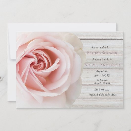 Roze Roos & Witte Hout Shabby Chic Bruiloftsshower Kaart (Voorkant)