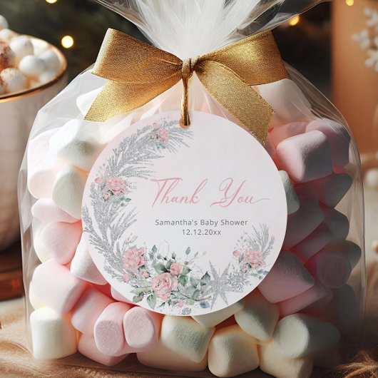 Roze Roos Zilver Winter Dank je Bedankjes Labels