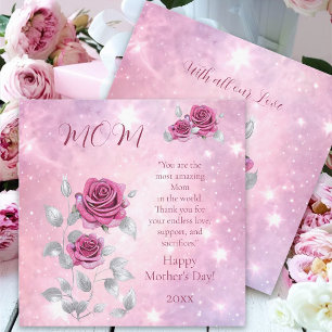 Roze Roos Zilveren Blad Glanzende Gelukkige Moeder Feestdagenkaart