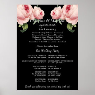 Roze Roos zwart vintage Huwelijksceremonie Program Poster