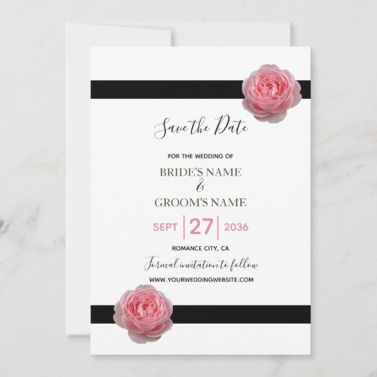 Roze Roos Zwarte Lint Trouw Save The Date (Voorkant)