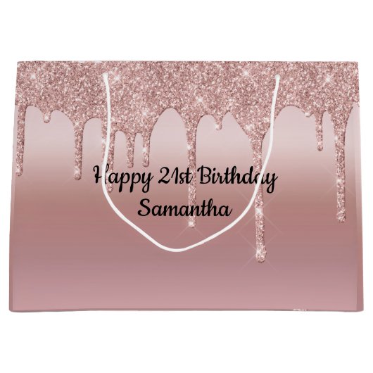 Roze Roosgoud Druppelende Glitter Gepersonaliseerd Groot Cadeauzakje (Voorkant)