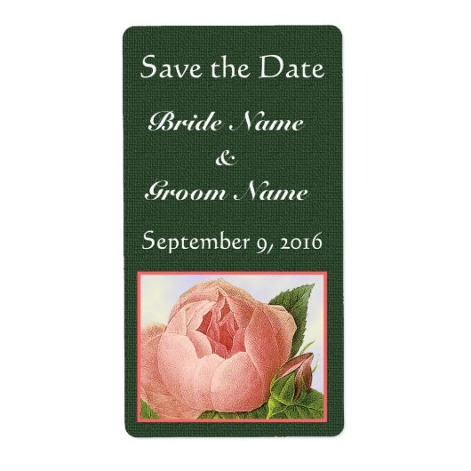 Roze Roosknop Aangepaste Save the Date op groene l Etiket (Voorkant)
