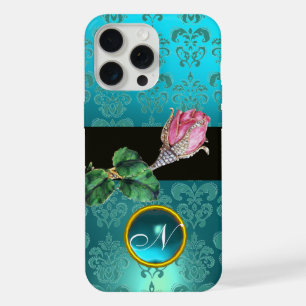 ROZE ROOSKNOP SIERADEN, BLAUW TEAL DAMAST EDELSTEE iPhone 15 PRO MAX HOESJE
