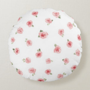 Roze Roosknop Waterverf Bloemig Vintage Roos Wit Rond Kussen