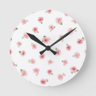 Roze Roosknop Waterverf Bloemig Vintage Roos Wit Ronde Klok