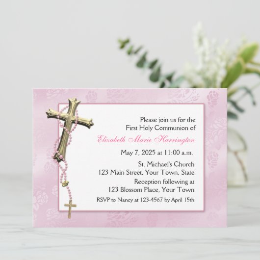 Roze Rosary Beads, Cross, Religieuze Kaart (Staand voorkant)