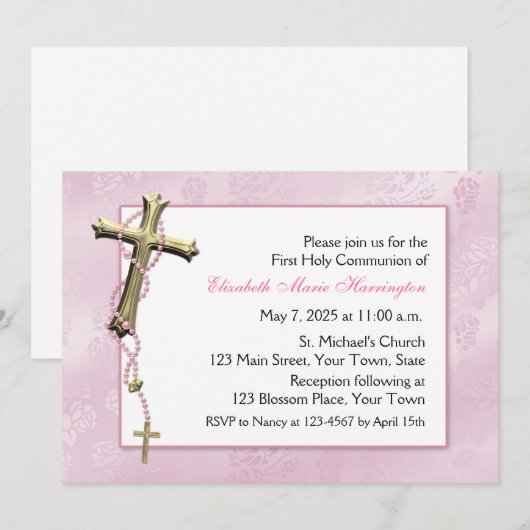 Roze Rosary Beads, Cross, Religieuze Kaart (Voorkant / Achterkant)