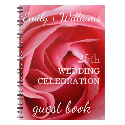 Roze Rose 25th bruiloft Celebration Custom Guest Notitieboek (Voorkant)