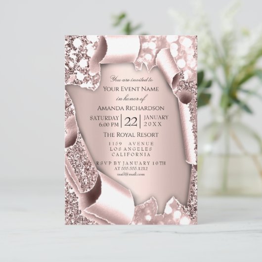 Roze Rose 3D Glitter Effect Lijst Weddenschap Kaart (Staand voorkant)