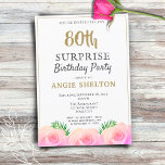 Roze Rose 80th Surprise Birthday Party Kaart<br><div class="desc">Roze Rose 80th Surprise Birthday Party nodigt haar uit. Kom de 80ste verjaardag vieren van een speciale vrouw! Doe mee met een verrassingsfeest. Het thema voor dit evenement is roze rozen en groene tropische bladeren - een prachtige combinatie die de dag extra speciaal zal maken. Ideaal voor een vrouw die...</div>