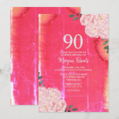  Roze Rose 90th Birthday Uitnodiging (Voorkant / Achterkant)