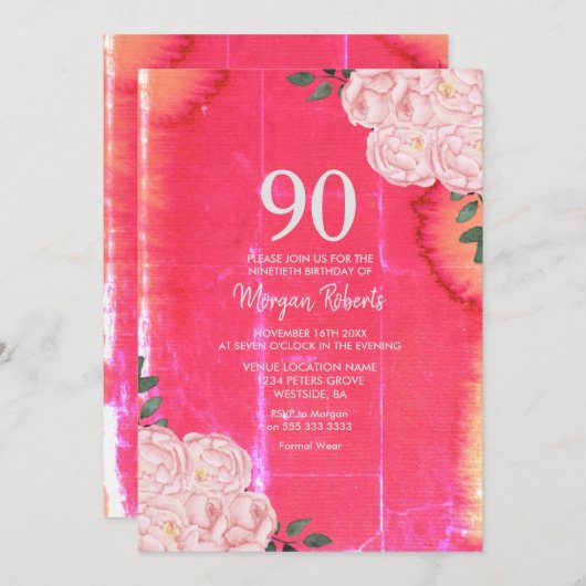 Roze Rose 90th Birthday Uitnodiging (Voorkant / Achterkant)