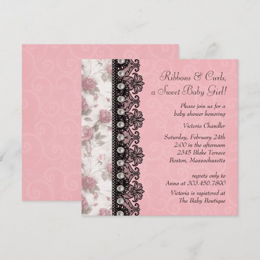  Roze Rose Baby Meisje Douche Kaart (Voorkant / Achterkant)