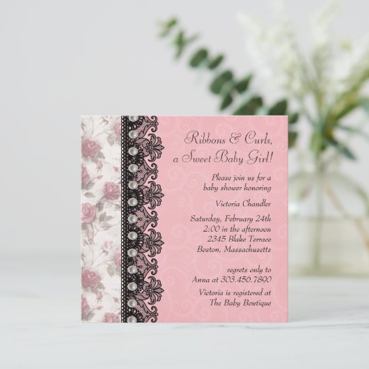  Roze Rose Baby Meisje Douche Kaart (Staand voorkant)