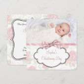 Roze Rose Baby Meisje Foto Doop Kaart (Voorkant / Achterkant)