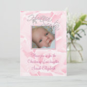 Roze Rose Baby Meisje Foto Doop Kaart (Staand voorkant)
