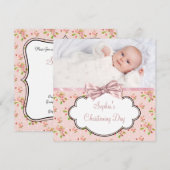 Roze Rose Baby Meisje Foto Doop Kaart (Voorkant / Achterkant)