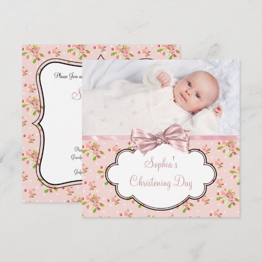Roze Rose Baby Meisje Foto Doop Kaart (Voorkant / Achterkant)