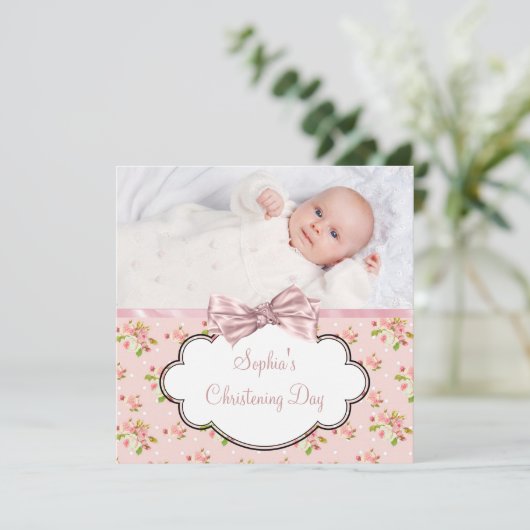Roze Rose Baby Meisje Foto Doop Kaart (Staand voorkant)