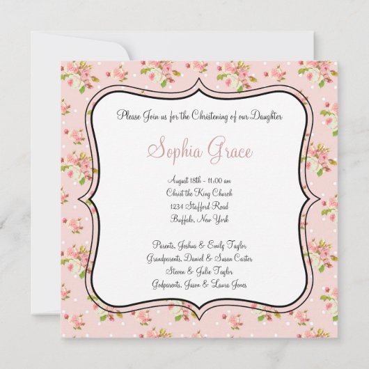 Roze Rose Baby Meisje Foto Doop Kaart (Achterkant)