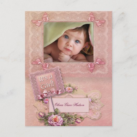 Roze Rose Baby Meisje Foto Geboorte Briefkaarten (Voorkant)