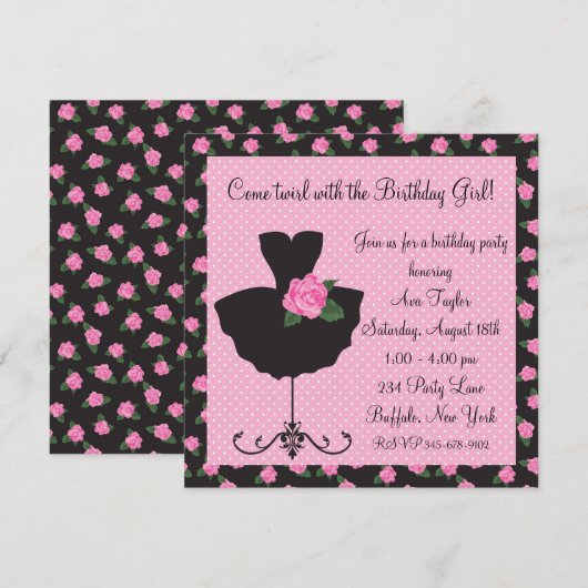 Roze Rose Ballerina Verjaardagsfeest Kaart (Voorkant / Achterkant)