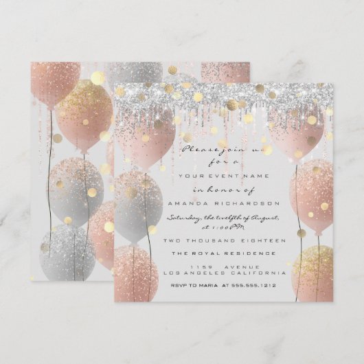 Roze Rose Ballon Sweet 16th Bridal Baby Grey Kaart (Voorkant / Achterkant)