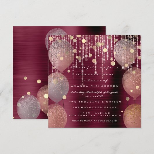 Roze Rose Ballon Sweet 16th Bridal Bordeaux Marsal Kaart (Voorkant / Achterkant)