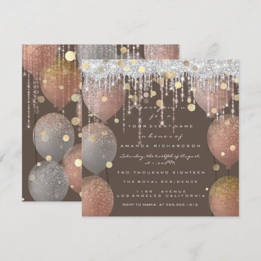 Roze Rose Ballon Sweet 16th Bridal Bronze Grey Kaart (Voorkant / Achterkant)