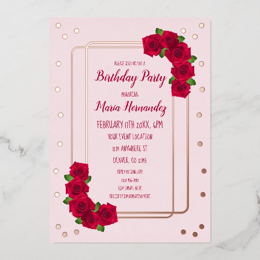 Roze Rose Birthday Folie Uitnodiging (Voorkant)