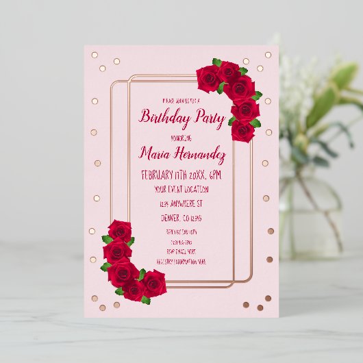 Roze Rose Birthday Folie Uitnodiging (Staand Voorkant)