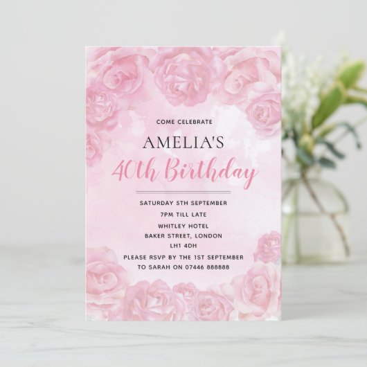 Roze Rose Birthday Invites Kaart (Staand voorkant)