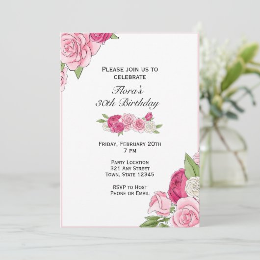 Roze Rose Birthday Uitnodiging (Staand voorkant)