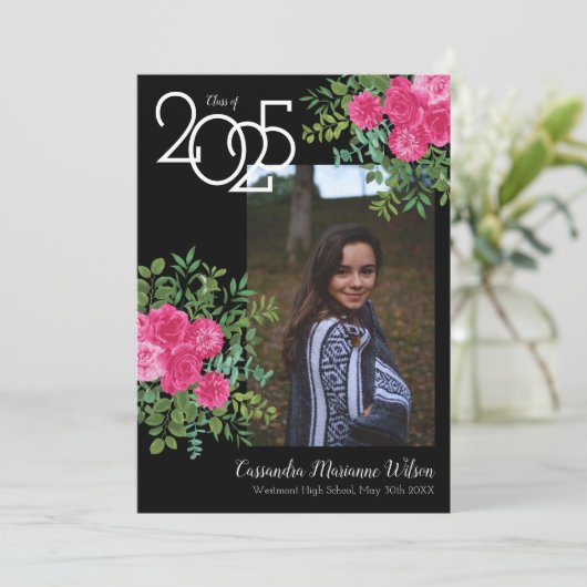 Roze Rose Black Foto Afstuderen Aankondiging (Staand voorkant)