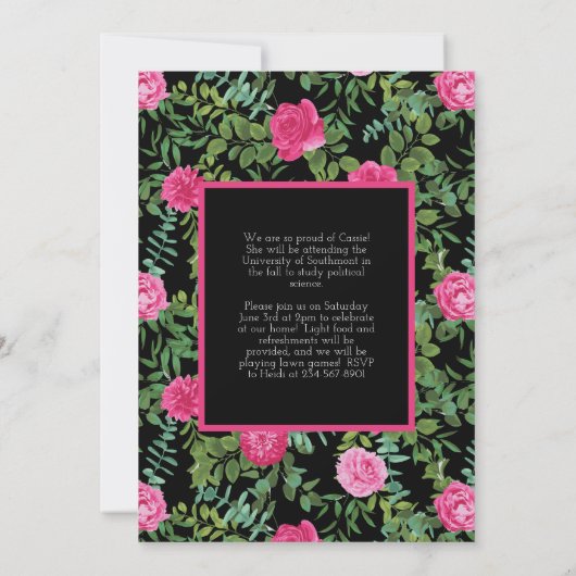 Roze Rose Black Foto Afstuderen Aankondiging (Achterkant)