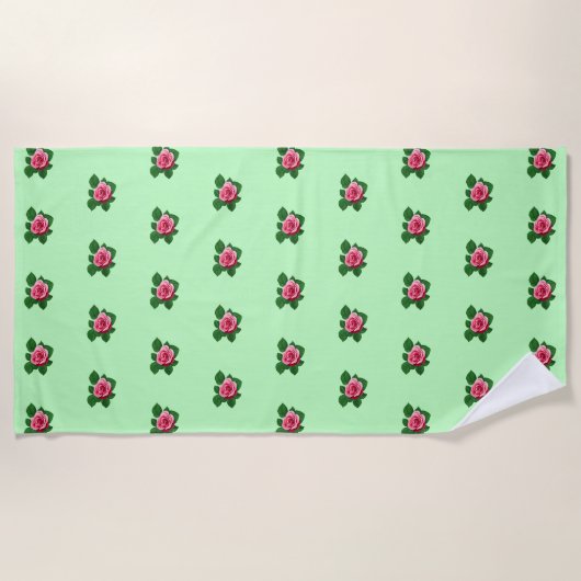 Roze Rose Bloem Naadloos Patroon op Lichtgroen Strandlaken (Voorkant)