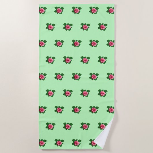 Roze Rose Bloem Naadloos Patroon op Lichtgroen Strandlaken (Voorkant)
