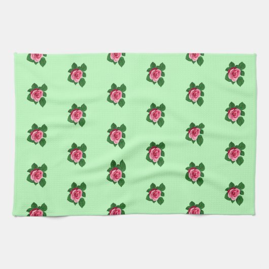 Roze Rose Bloem Naadloos Patroon op Lichtgroen Theedoek (Horizontaal)