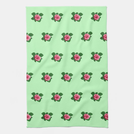 Roze Rose Bloem Naadloos Patroon op Lichtgroen Theedoek (Verticaal)