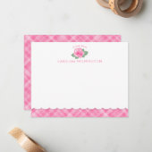 Roze Rose Bloemen Botanische Preppy Plaid Scallop Notitiekaartje (Voorkant / Achterkant in situ)