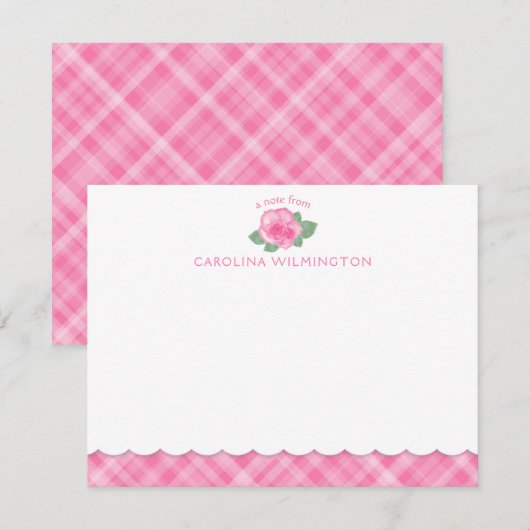 Roze Rose Bloemen Botanische Preppy Plaid Scallop Notitiekaartje (Voorkant / Achterkant)