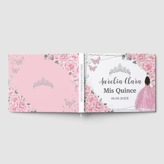 Roze Rose Bloemen Bruin Prinses Zilver QUINCEAÑERA Gastenboek (Volledig)