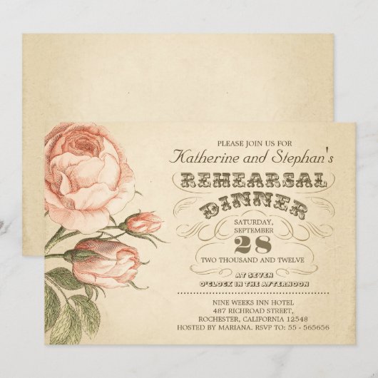 Roze Rose Bloemen  Chic Repetitie Diner Kaart (Voorkant / Achterkant)