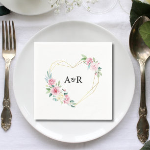 Roze Rose Bloemen Goud Hart Vormig Lijst Wedding Servet